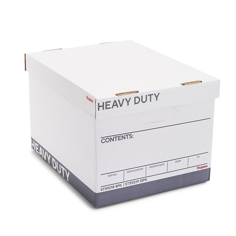 Staples Heavy Duty 50% Recycled Corrugated File Box Lift Off Lid, Letter/Legal Size, White/Gray, 4/Carton (2522303) image 1