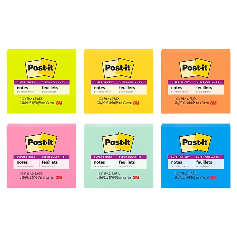 Post-it Mix & Match Super Sticky Notes, 3" x 3", Assorted Colors, 90 Sheets/Pad (654-SSPK) image 1