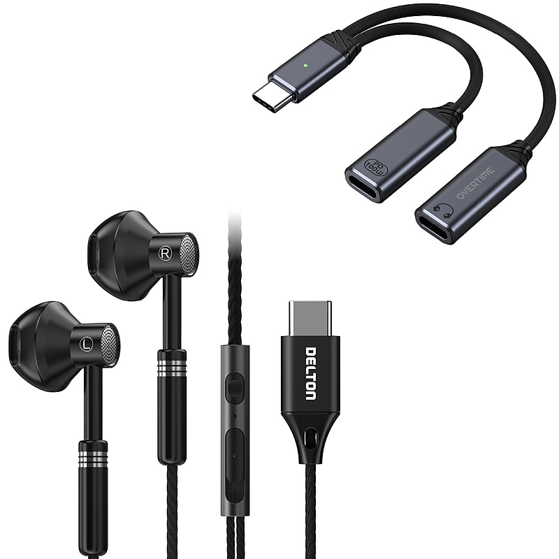 Delton 18EC Wired Earbuds & 2-in-1 USB-C Splitter Adapter Bundle, Black (DWH18ECBKKT1) image 1