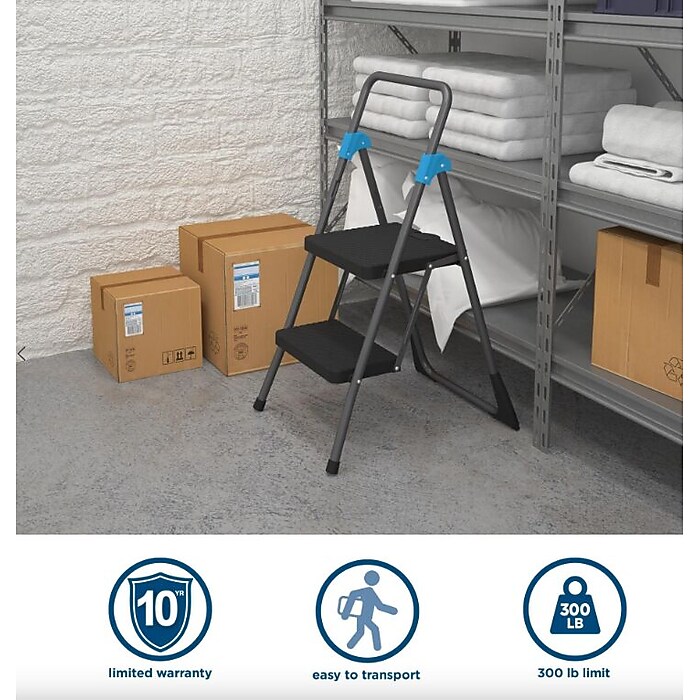 Cosco Commercial 2-Step Folding Stool, 300 lb Capacity, Gray
