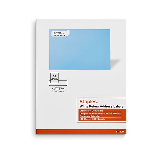 Staples Laser/Inkjet Address Labels, 1/2" x 1 3/4", White, 80 Labels