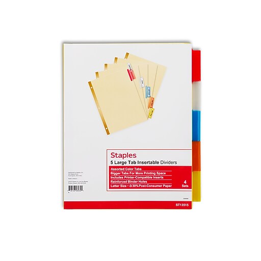 Staples Large Tab Insertable Dividers, 5Tab, Assorted Colors, 4/Pack