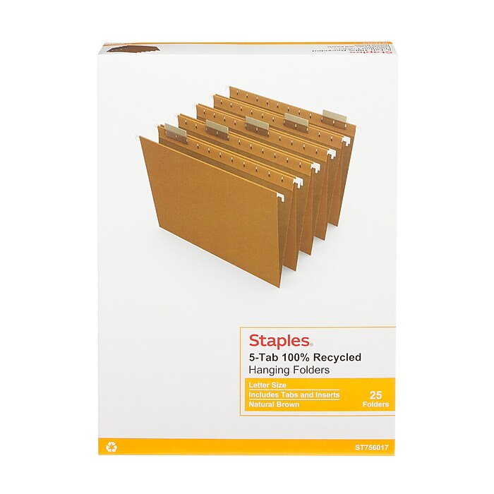 Staples® 100% Recycled Hanging File Folders, 5-Tab, Letter Size