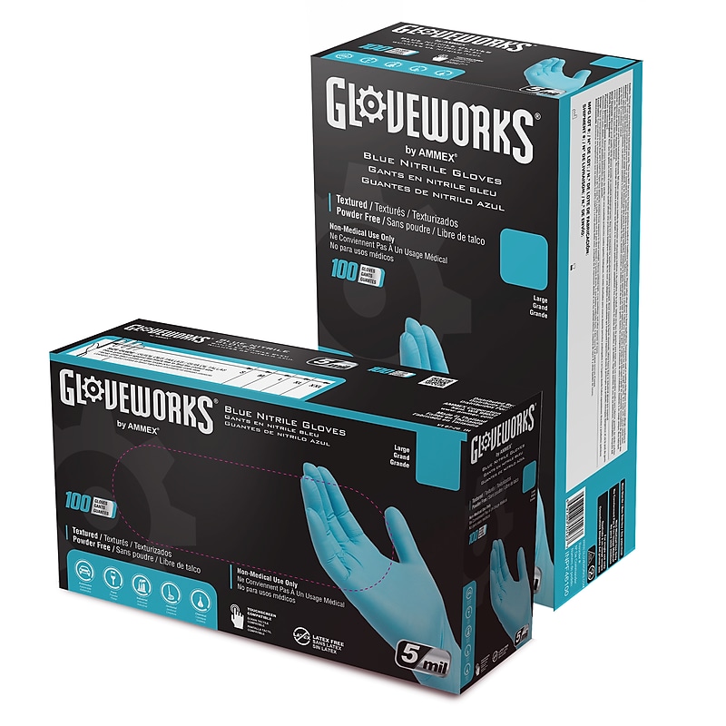 GloveWorks Powder Free Nitrile Industrial Gloves, Latex Free, Blue, 2XL, 100 Gloves/Box (INPF49100) image 1