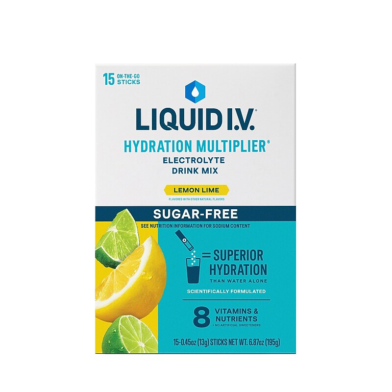 LIQUID I.V. Hydration Multiplier Sugar-Free Lemon Lime Electrolyte Powder Drink Mix, 0.56 oz., 15 Sticks/Box (EHC28672) image 1