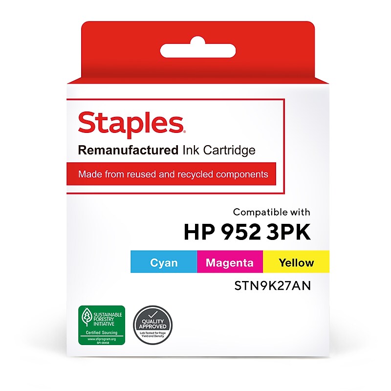 Staples Remanufactured Cyan/Magenta/Yellow Standard Yield Ink Cartridge Replacement for HP 952 (TRN9K27AN/STN9K27AN), 3/Pack image 1