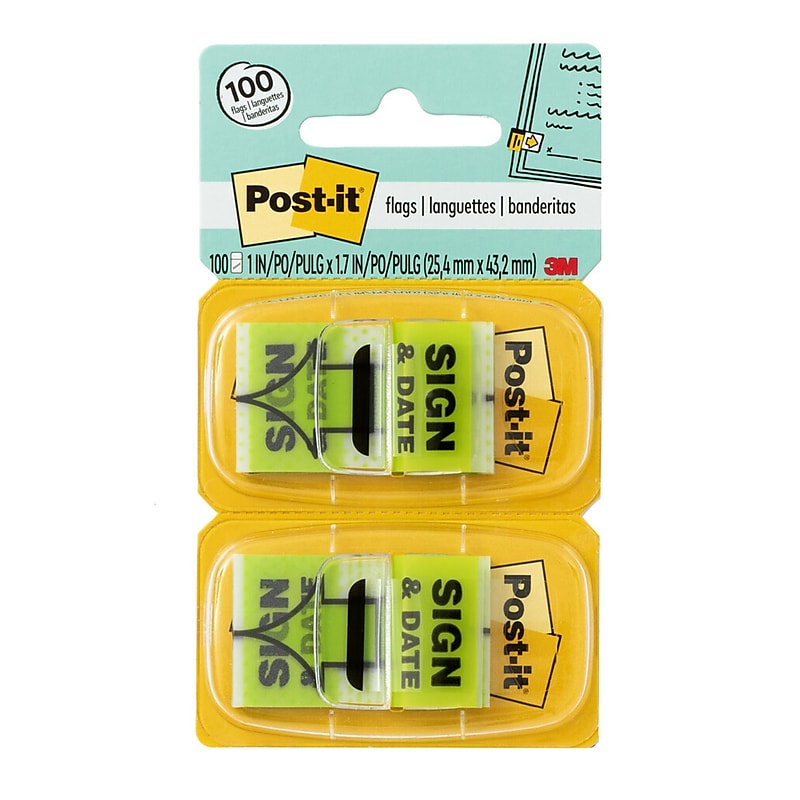 Post-it 'Sign and Date' Message Flags, 1" Wide, Green, 100 Flags/Pack (680-SD2) image 1