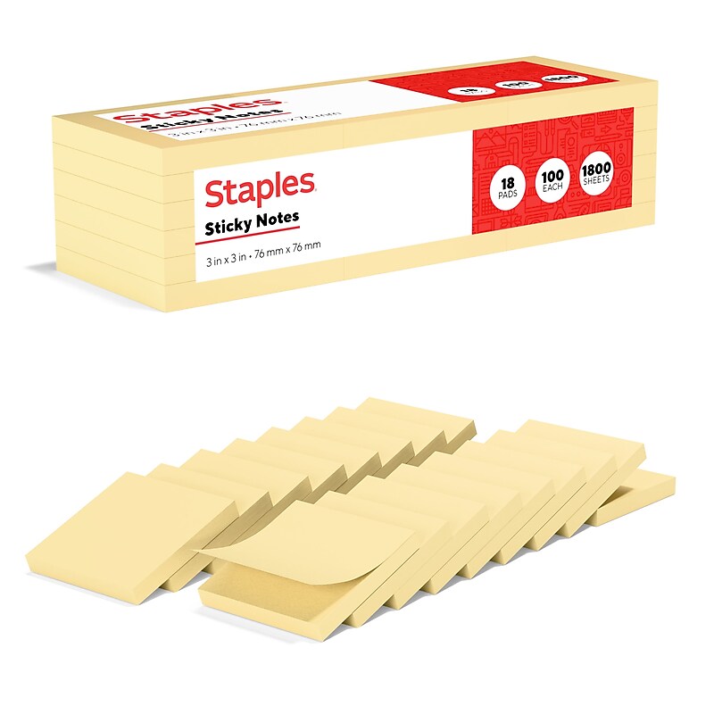 Staples Recycled Sticky Notes, 3" x 3", Sunshine Collection, 100 Sheets/Pad, 18 Pads/Pack (S-33YR18/52569) image 1