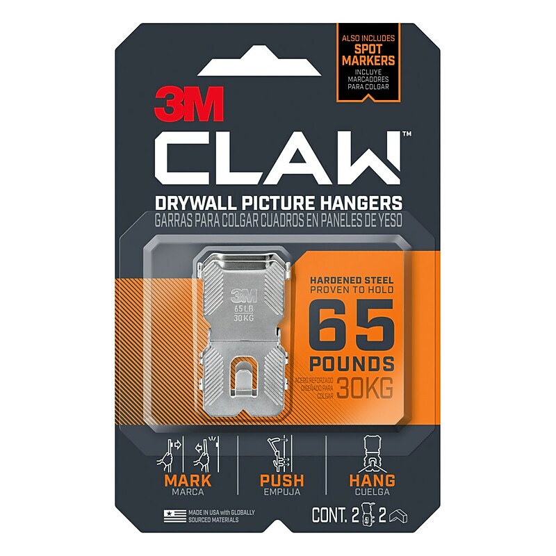 3M CLAW™ Drywall Picture Hanger with Spot Marker, Holds 65 lbs, 2 Hangers, 2 Markers/Pack (3PH65M-2ES) image 1