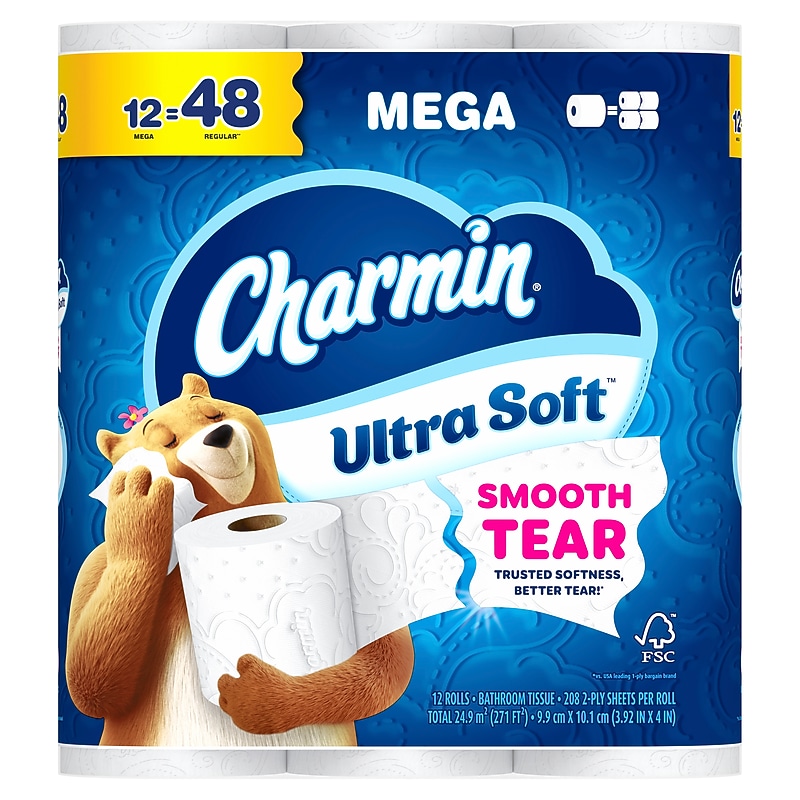 Charmin Ultra Soft Mega Toilet Paper, 2-ply, White, 208 Sheets/Roll, 12 Rolls/Case (88135) image 1