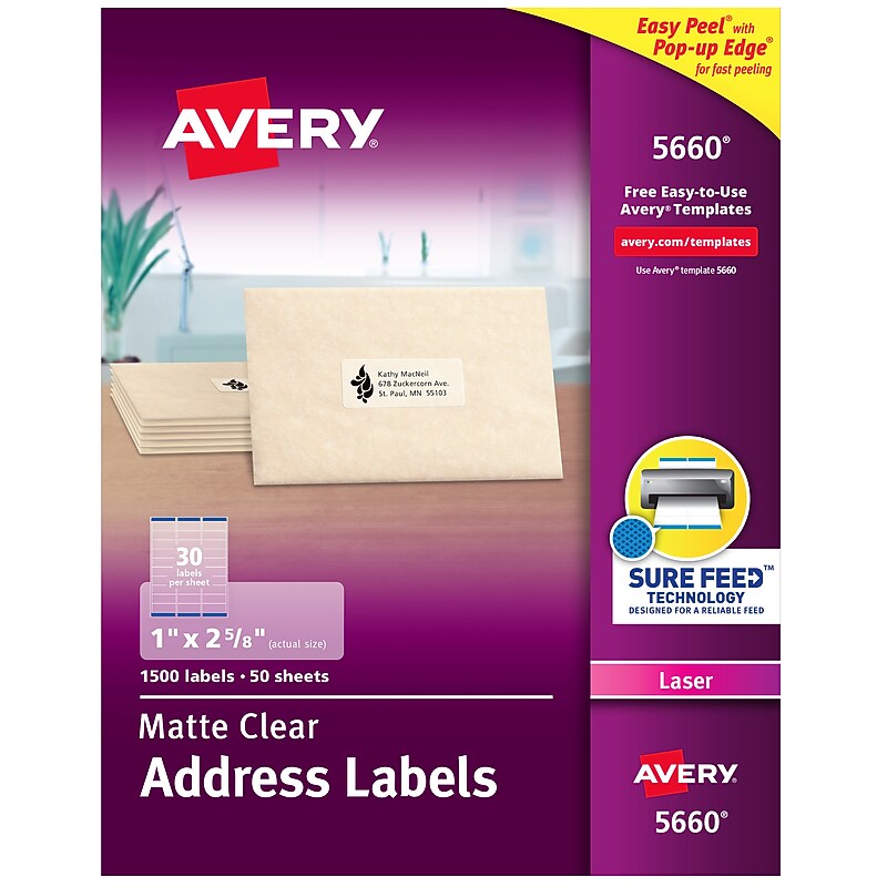 Avery Easy Peel Laser Address Labels, 1" x 2-5/8", Clear, 1,500 Labels/Box (5660) image 1