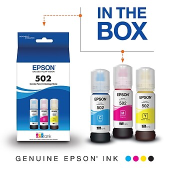 Epson T502 Cyan/Magenta/Yellow Standard Yield Ink Bottle, 3/Pack (T502520-S)