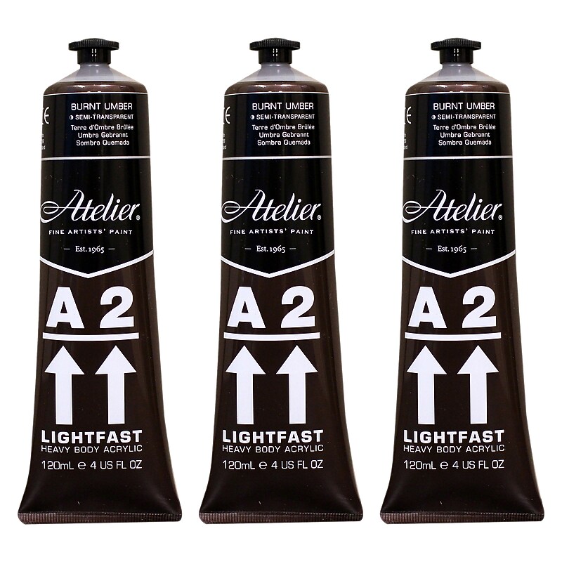 Chroma Atelier A2 Lightfast Acrylic Paint Tube, Burnt Umber, 4 oz., 3/Bundle (CRM680-3) image 1