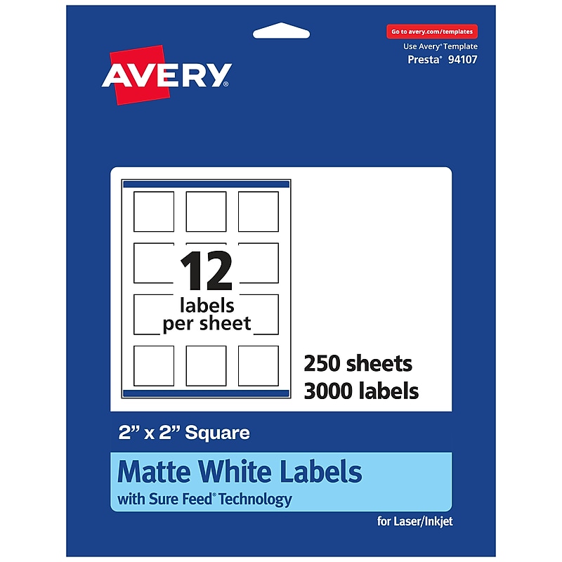 Avery Laser/Inkjet Square Multipurpose Labels, 2" x 2", White, 3000 Labels/Box (94107) image 1