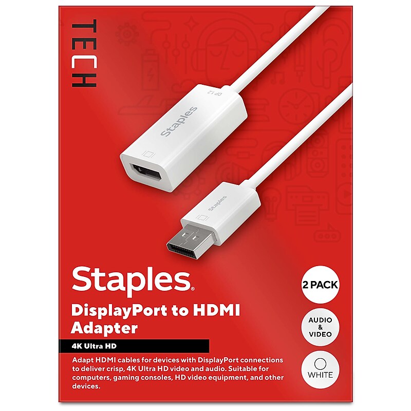 Staples TECH DisplayPort to HDMI Audio/Video Adapter, Male to Female, White, 2/Pack (ST62362-VB) image 1