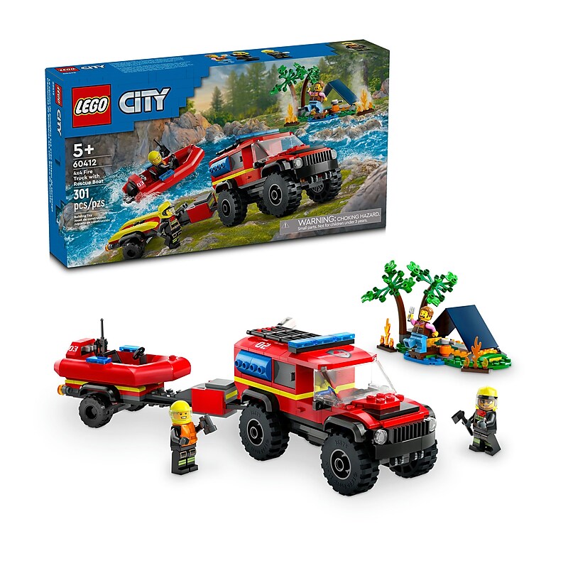 LEGO City 4x4 Fire Truck with Rescue Boat, 301 Pieces (60412) image 1