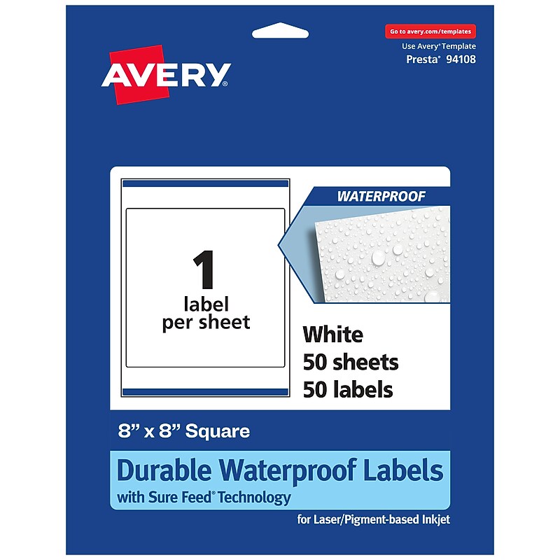 Avery Laser/Inkjet Square Waterproof Multipurpose Labels, 8"  x 8", White, 50/Box (94108) image 1