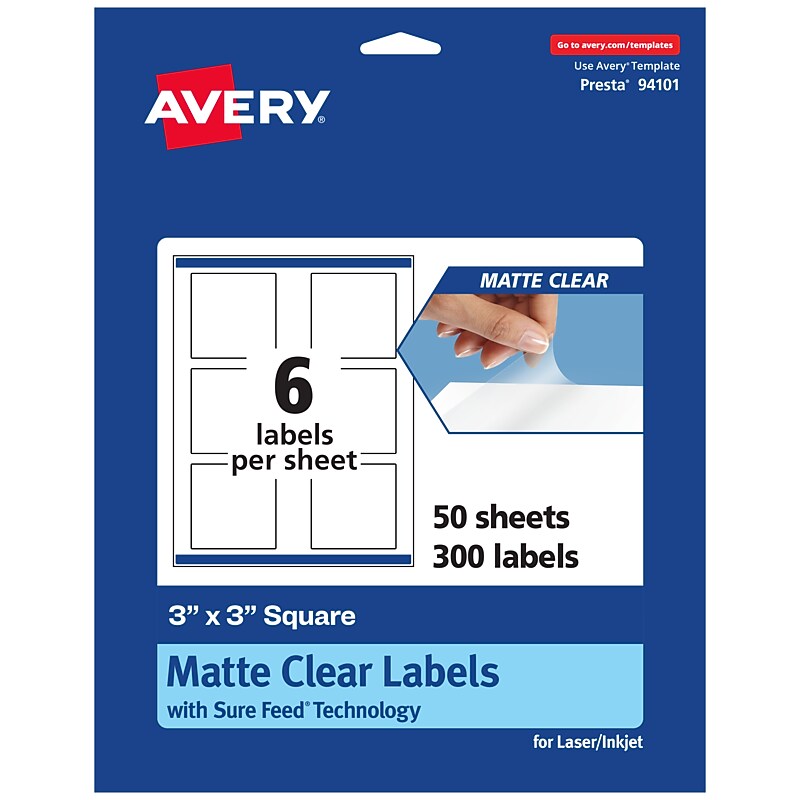 Avery Laser/Inkjet Square Multipurpose Labels, 3" x 3", Clear, 300/Box (94101) image 1