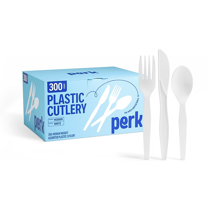 Perk™ Polystyrene Assorted Cutlery, Medium-Weight, White, 300/Pack (PK56406) image 1
