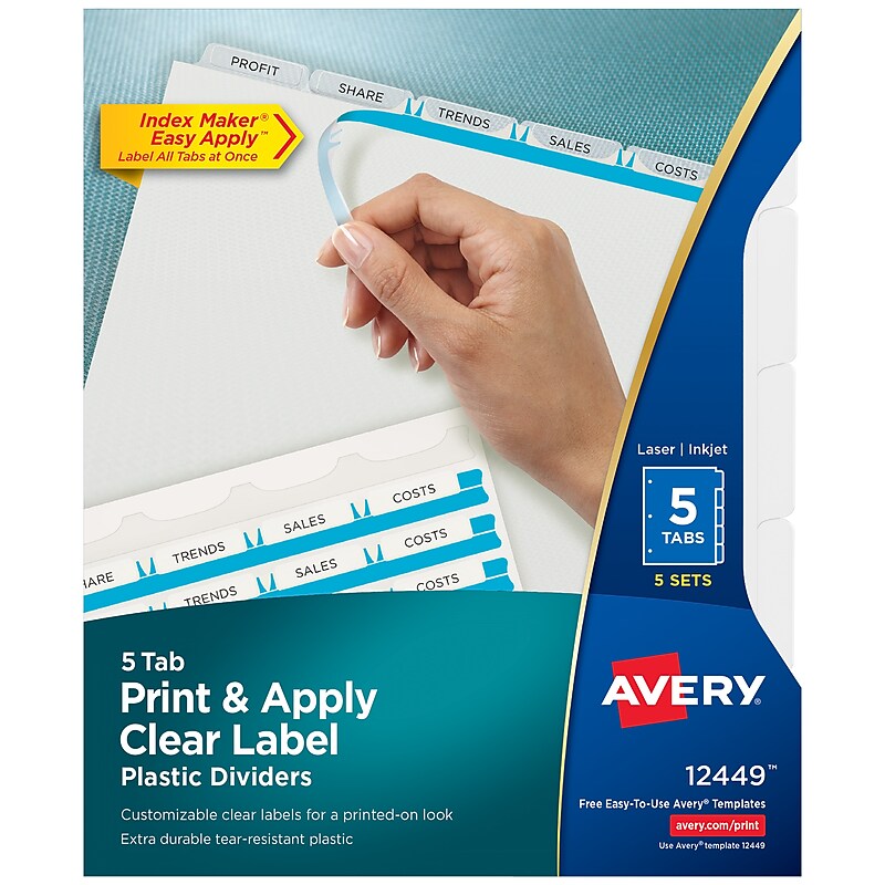 Avery Index Maker Plastic Dividers with Print & Apply Label Sheets, 5 Tabs, Multicolor, 5 Sets/Pack (12449) image 1