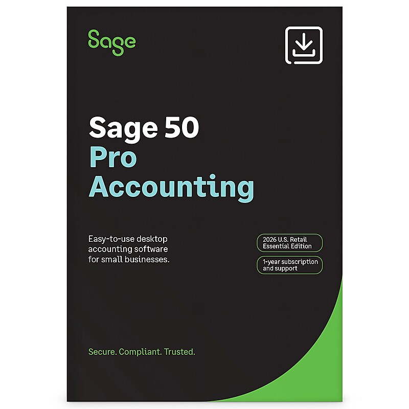 Sage 50 Pro Accounting 2026 U.S. Retail Essential Edition 1 Year Subscription for 1 User, Windows, Download (SAG303800V042) image 1