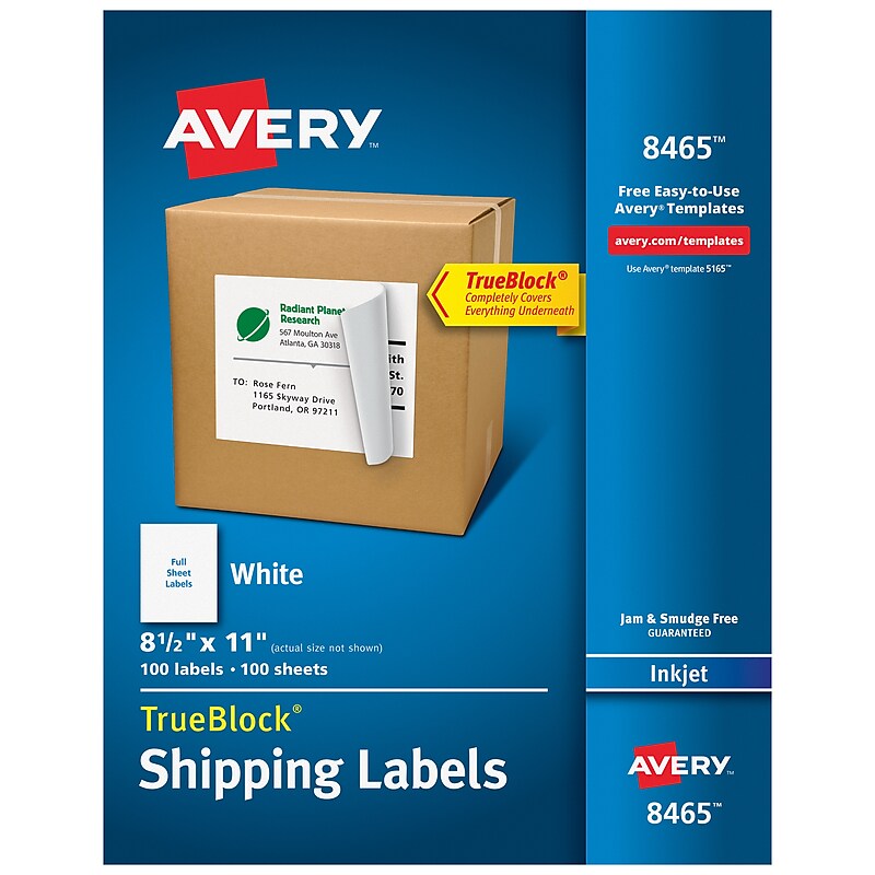 Avery TrueBlock Inkjet Shipping Labels, 8-1/2" x 11", White, 100 Labels/Box (8465) image 1
