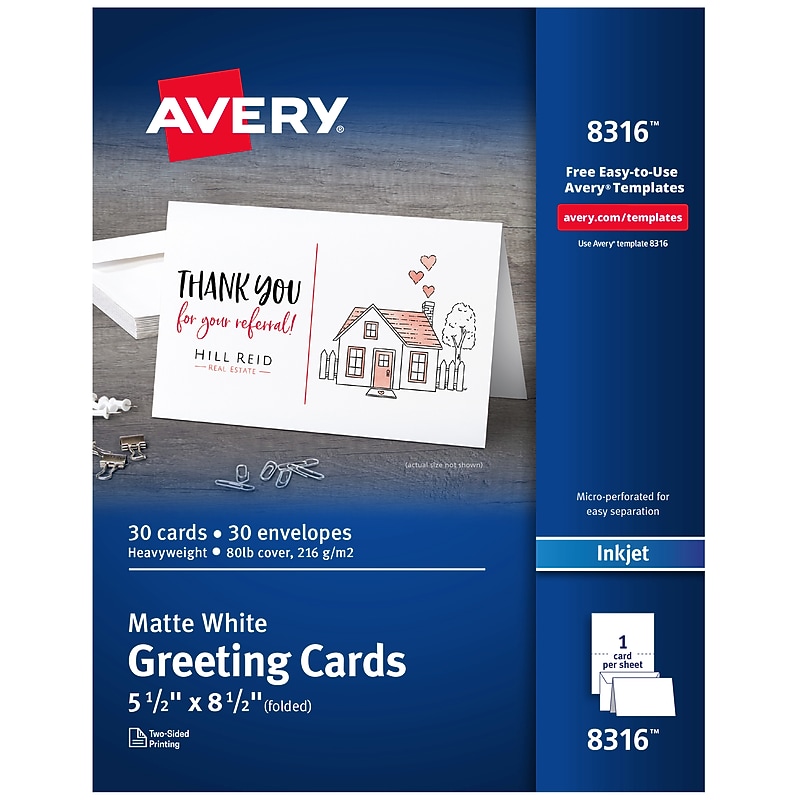Avery Half-Fold Greeting Cards with Envelopes, 5.5" x 8.5", Matte White, Inkjet, 30/Pack (08316) image 1
