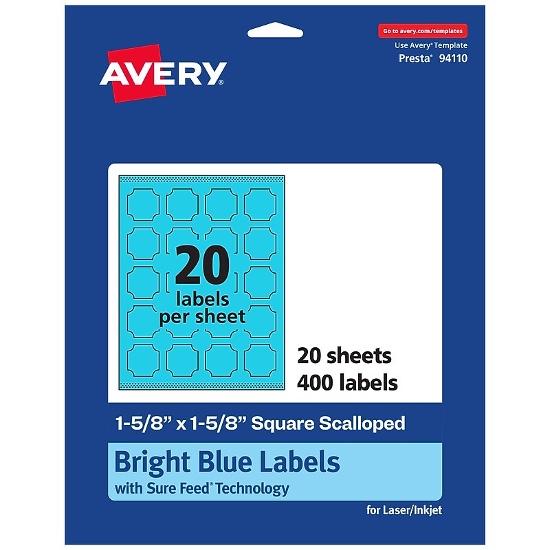 Avery Square Decorative Edge Multipurpose Labels, 1-5/8" x 1-5/8", Bright Blue, 400/Pack (94110) image 1