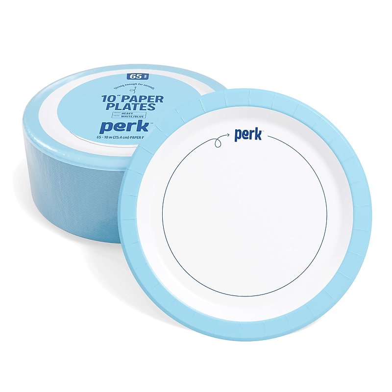Perk™ 10" Heavy Duty Paper Plate, White/Blue, 65/Pack (53206) image 1