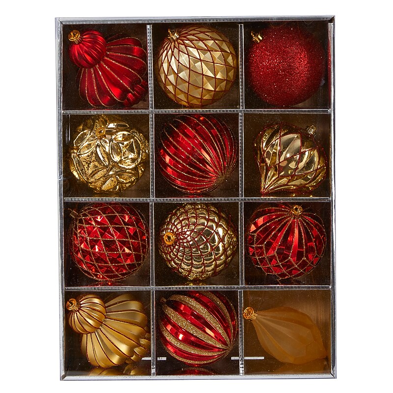 Nearly Natural Holiday Lux Shatterproof Red Christmas Tree Ornament Set, 100mm, 12/Set (D1004-RD) image 1