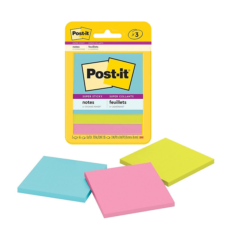 Post-it Super Sticky Notes, 3" x 3", Supernova Neons Collection, 45 Sheets/Pad, 3 Pads/Pack (3321-SSMIA) image 1