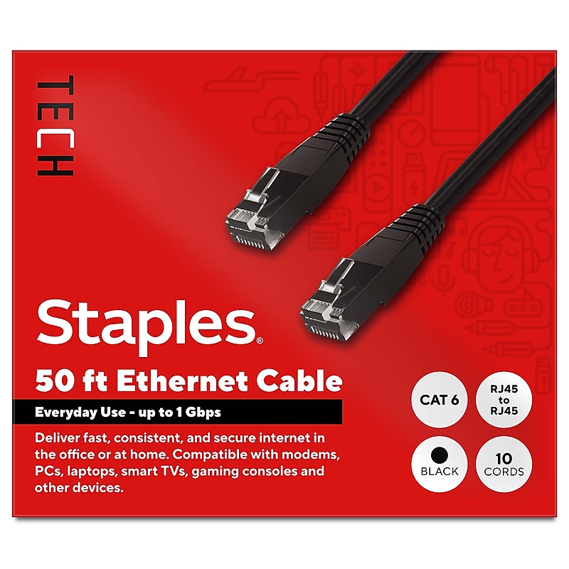 Staples TECH 50 ft. Cat-6 Ethernet Cable, Male to Male, Black, 10/Pack (ST62459) image 1