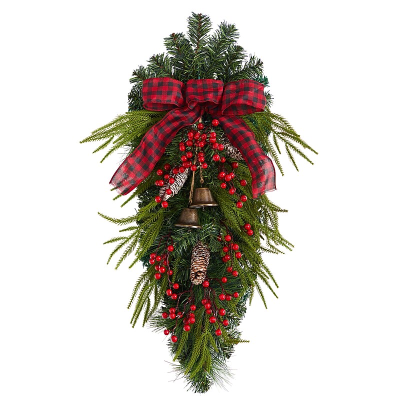 Nearly Natural Holiday Christmas Pine Cones, Berry and Bells Swag, 24" (W1279) image 1