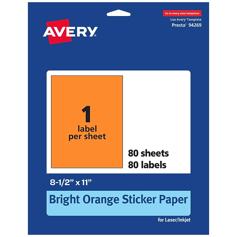 Avery Laser/Inkjet Multipurpose Rectangle Labels, 8.5" x 11", Bright Orange, 80/Box (94269) image 1