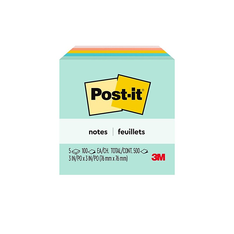 Post-it Sticky Notes, 3" x 3", Beachside Cafe Collection, 100 Sheets/Pad, 5 Pads/Pack (654-5AST) image 1