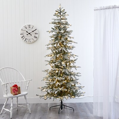 Nearly Natural 7.5' Slim Flocked Nova Scotia Spruce Artificial Christmas Tree