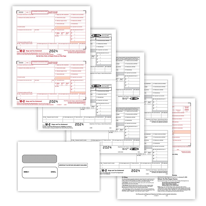 ComplyRight 2024 W-2 Tax Form Tax Form Set with Envelopes, 8-Part, 2-Up, 50/Pack (95218E) image 1