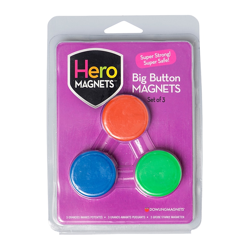 Dowling Magnets Hero Magnets: Big Button Magnets, Assorted Colors, 3 Per Pack, 6 Packs (DO-735014-6) image 1