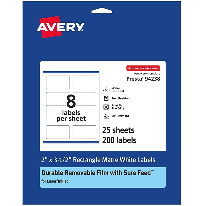 Avery Laser/Inkjet Rectangle Multipurpose Labels, Matte White, 200 Labels/Pack (94238) image 1