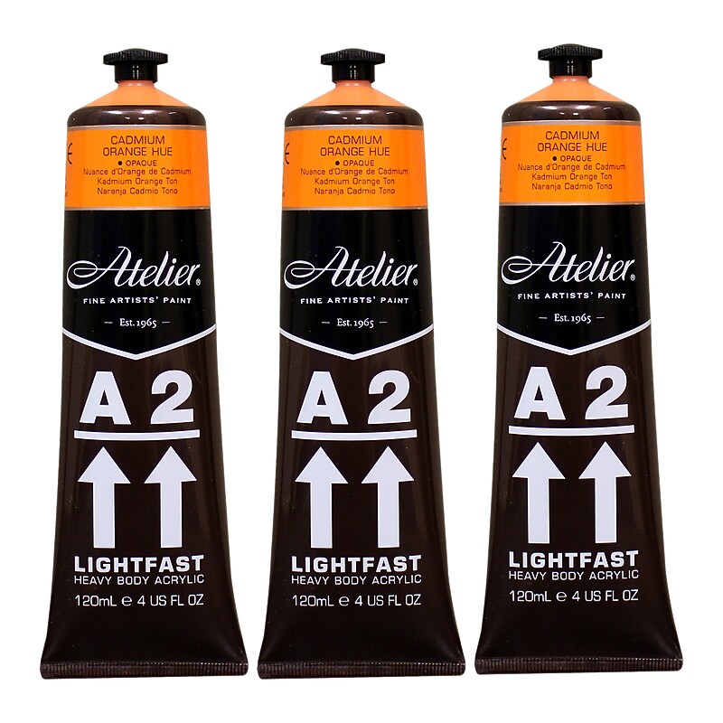 Chroma Atelier A2 Lightfast Acrylic Paint Tube, Cadmium Orange Hue, 4 oz., 3/Bundle (CRM681-3) image 1