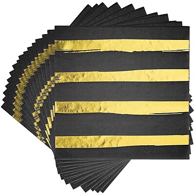 Creative Converting Black and Gold Foil Striped Paper Napkins