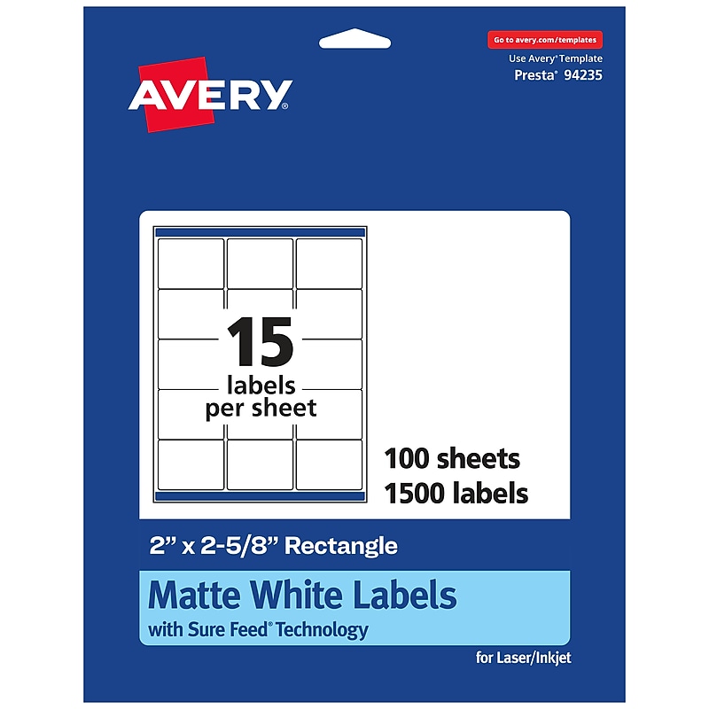 Avery Laser/Inkjet Rectangle Multipurpose Labels, 2" x 2.625", White, 1500 Labels/Box (94235) image 1