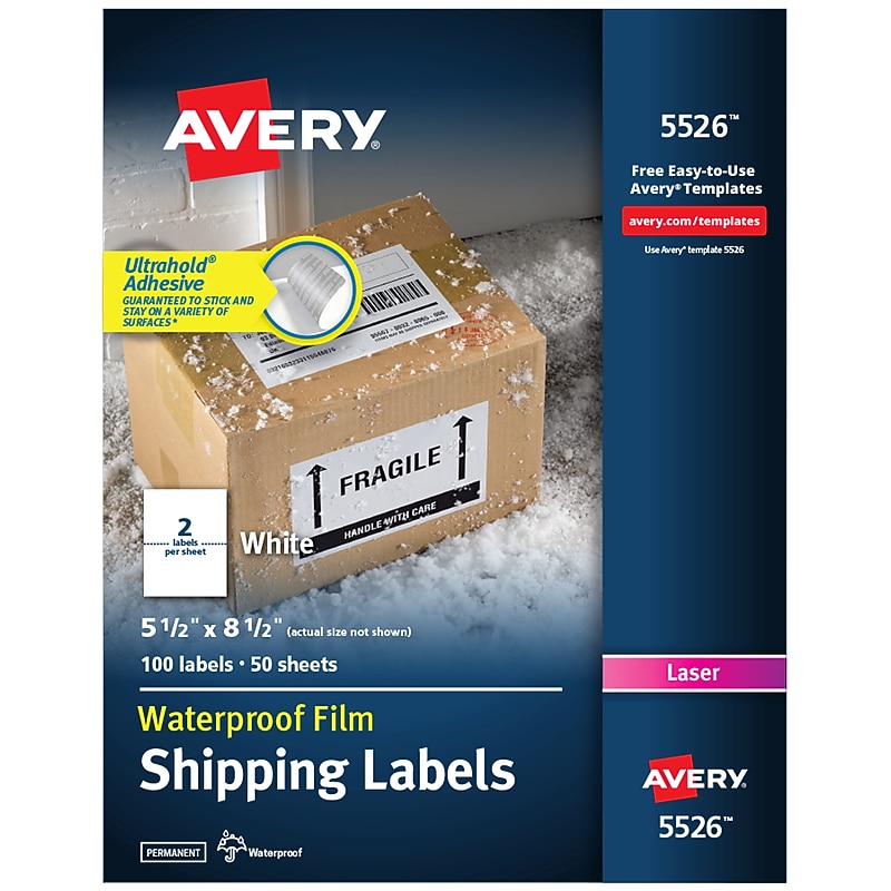 Avery Waterproof Laser Shipping Labels, 5-1/2" x 8-1/2", Matte White, 100 Labels/Box (5526) image 1