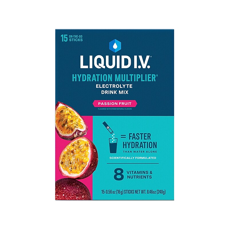 LIQUID I.V. Hydration Multiplier Passion Fruit Electrolyte Powder Drink Mix, 0.56 oz., 15 Sticks/Pack (LVM-1503) image 1
