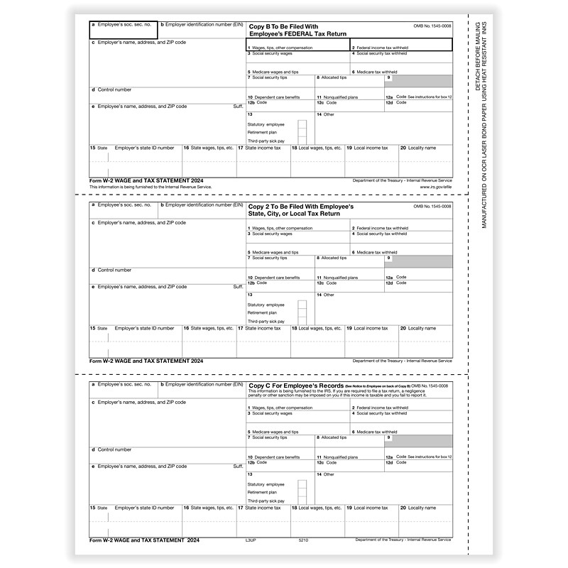 ComplyRight 2024 W-2 Tax Form, 1-Part, 3-Up, Employee Copy B, C, and 2, 50/Pack (521050) image 1
