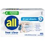 all free clear Dryer Sheets, Unscented, 195 Sheets/Box (20072613473629)~#|#~37A0D086-98B5-4E9F-AD864A96794DA0FF_sc7