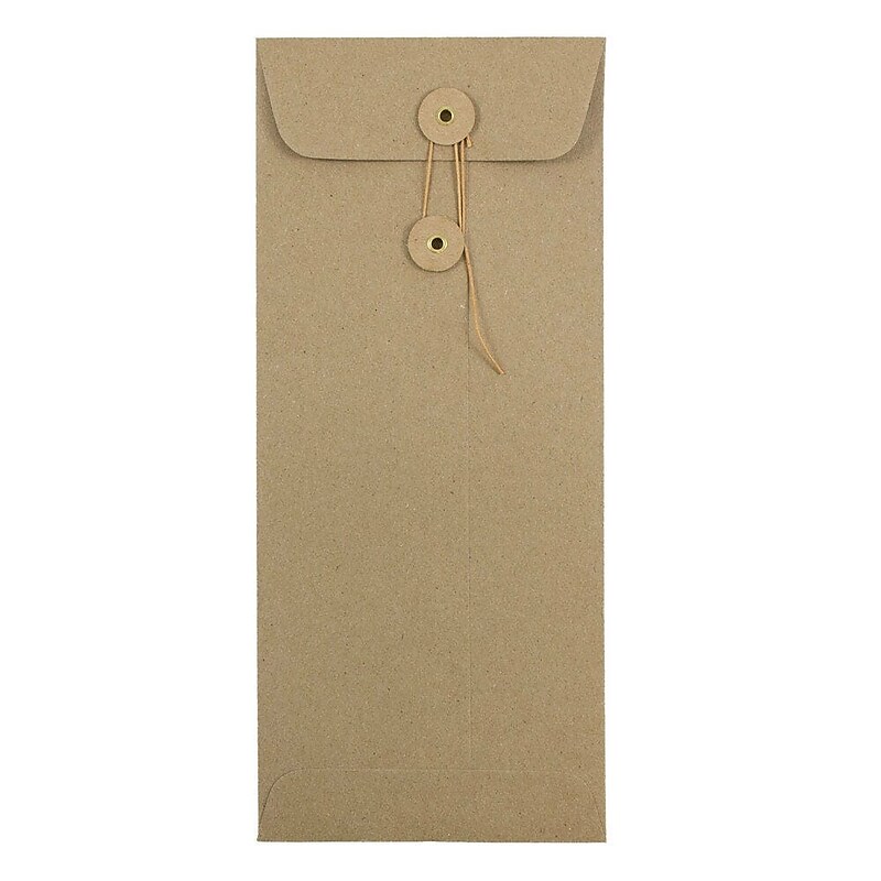 JAM Paper #10 Button & String Booklet Envelopes, 4 1/8" x 9 1/2", Brown Kraft, 100/Pack (41266941d) image 1