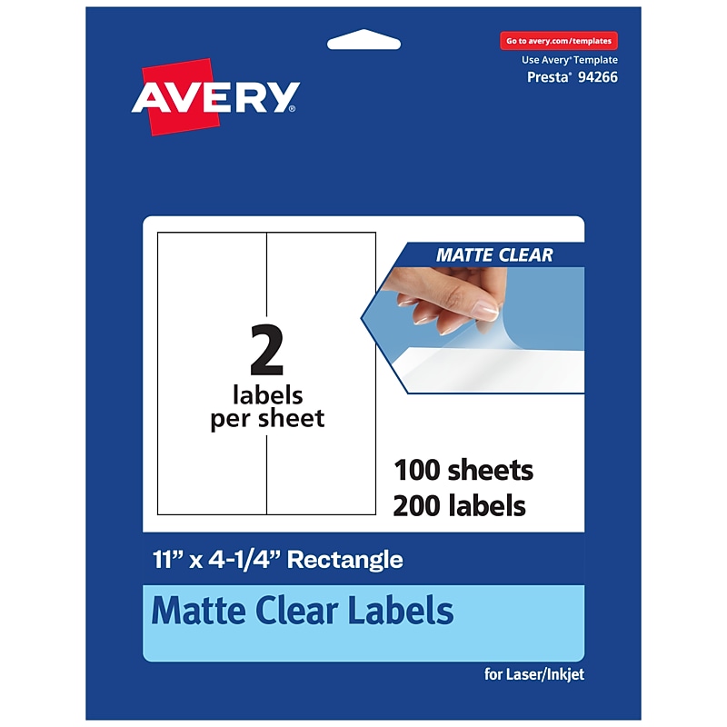 Avery Laser/Inkjet Rectangle Multipurpose Labels, 11" x 4-1/4", Clear, 200/Box (94266) image 1