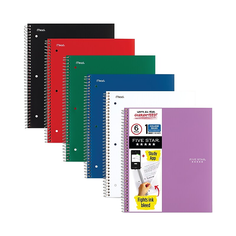Five Star 1-Subject Notebooks, 8.5" x 11", College Ruled, 100 Sheets, Assorted Colors, 6/Pack (MEA38052) image 1