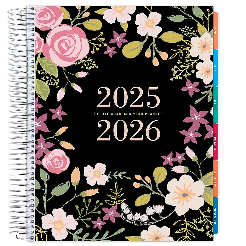 2025-2026 Global Printed Products Deluxe Black Floral Pink 8.5" x 11" Academic Weekly & Monthly Planner, Plastic Cover image 1